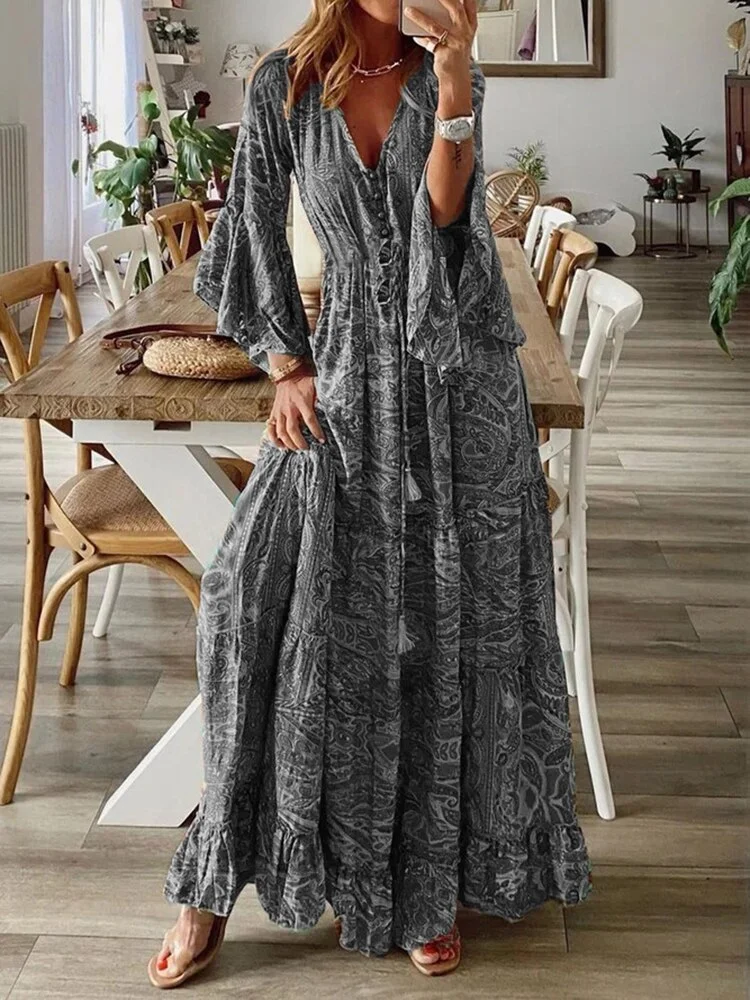 2023 Spring Boho Beach Long Dress Women Elegant V-neck Buttons Flare Sleeve Female Holiday Dresses Fashion Slim Party Vestidos