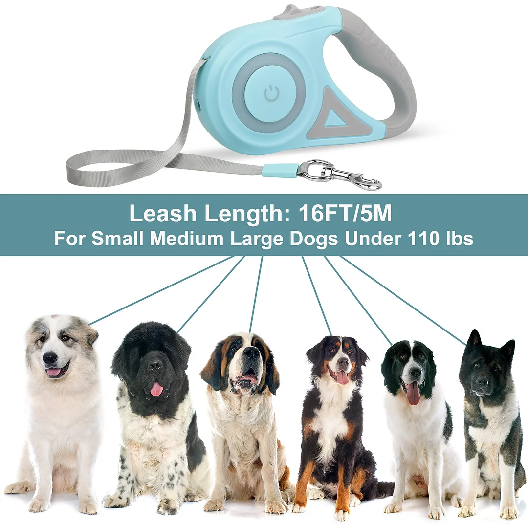BEBANG Retractable Dog Leash, 16ft with Light, Anti-Slip Handle, One Button Brake & Lock Tangle-Free Dog Retractable Leash