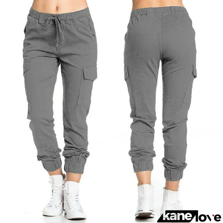 Women Plus Size Casual Elastic Waist String Side Pocket Solid Color Jogger Cargo Pants