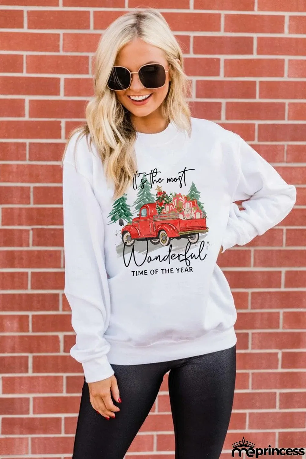 Christmas Truck Letter Graphic Print Pullover Sweatshirt