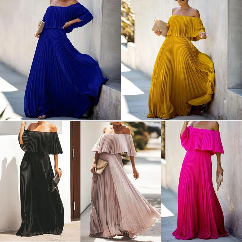 Uveng Uveng Summer New Women's Chiffon Solid Dress Sexy Shoulder Wrapped Chest Pressed Temperamental Party Dress
