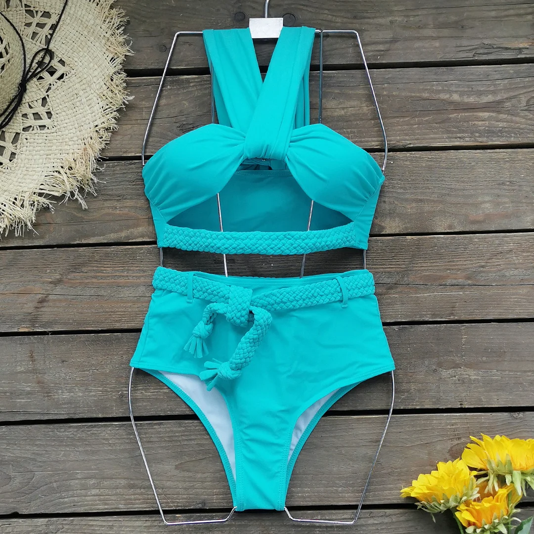 Uveng Solid Color Choreette Tied High-Waisted Bikini INS Split Swimsuit Women 2025 New Bikini