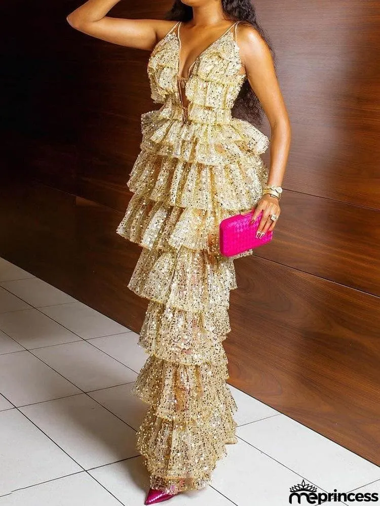 Banquet Spaghetti-Neck Floral Printed Falbala Bordered Maxi Dresses