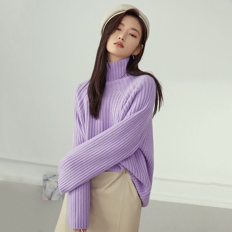 FSLE Turtleneck Long Sleeve Knitted Pullover Top Winter Thick Oversized Green Women's Sweater Vintage Female Purpel Jumper