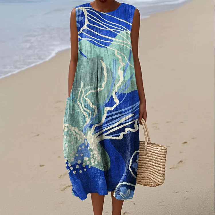 Women's Blue Deep Sea Jellyfish Art Print Sleeveless Cotton Pocket Wrap Dress