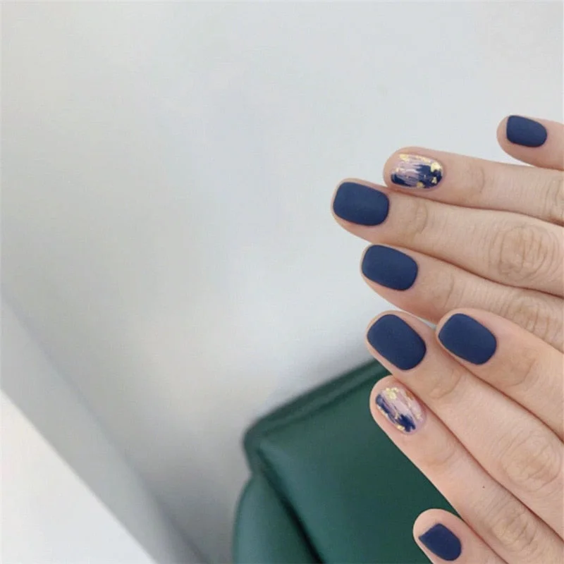 24pcs Acrylic Fake Nail with Glue Shinning Surface Purple Blue Short Square False Nail Art Decoration Accessories Press on Nails 928 515-Nail Inspo