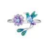 925 Sterling Silver Enamel Floral Bird Opening Ring 
