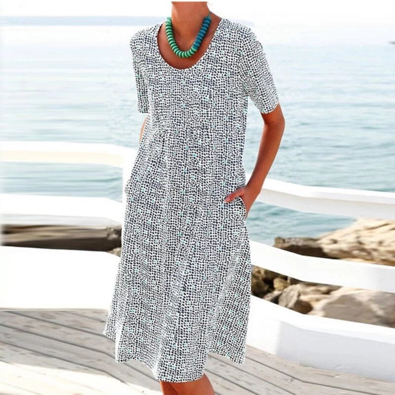2022 New Summer Dress Women Bohemian Short Sleeve Printed Dress Sexy Boho Style Pocket O Neck Loose Dresses For Women