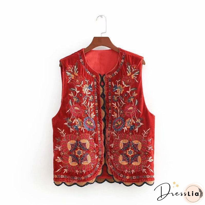 Boho Autumn Orang Floral Embroidery Sleeveless Outerwear Jacket
