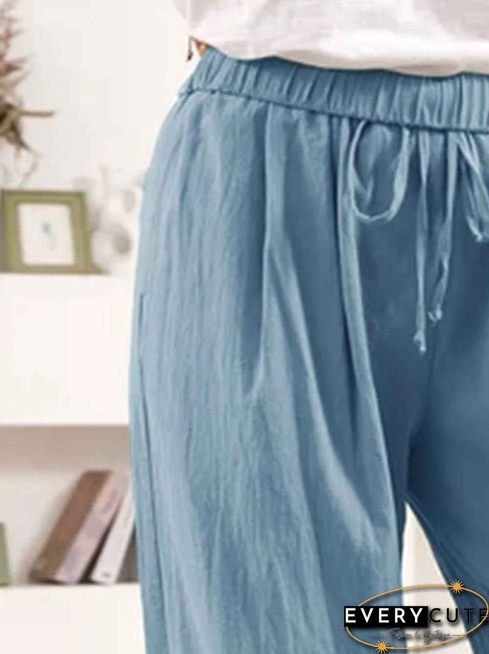 Plain Cotton-Blend Casual Pants