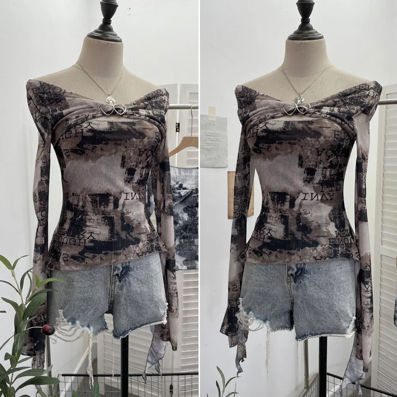 Nigikala Nigikala Shooting Strapped With Hollow Retro Print Long-Sleeved Mesh T-Shirt Ribbon Design Spring And Summer Top 1195