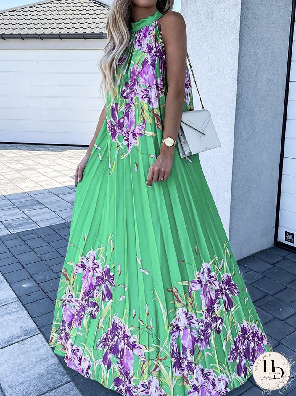 Female Trend Printed Pattern Boho Dress Fashion Sleeveless Hem Party Dress Sexy Halter Neck Off Shoulder Long Pleated Dress