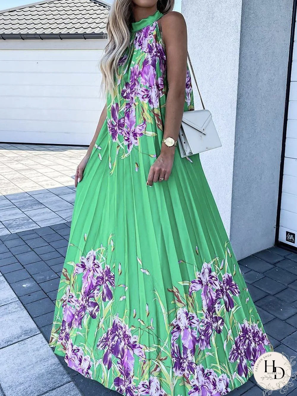 Female Trend Printed Pattern Boho Dress Fashion Sleeveless Hem Party Dress Sexy Halter Neck Off Shoulder Long Pleated Dress