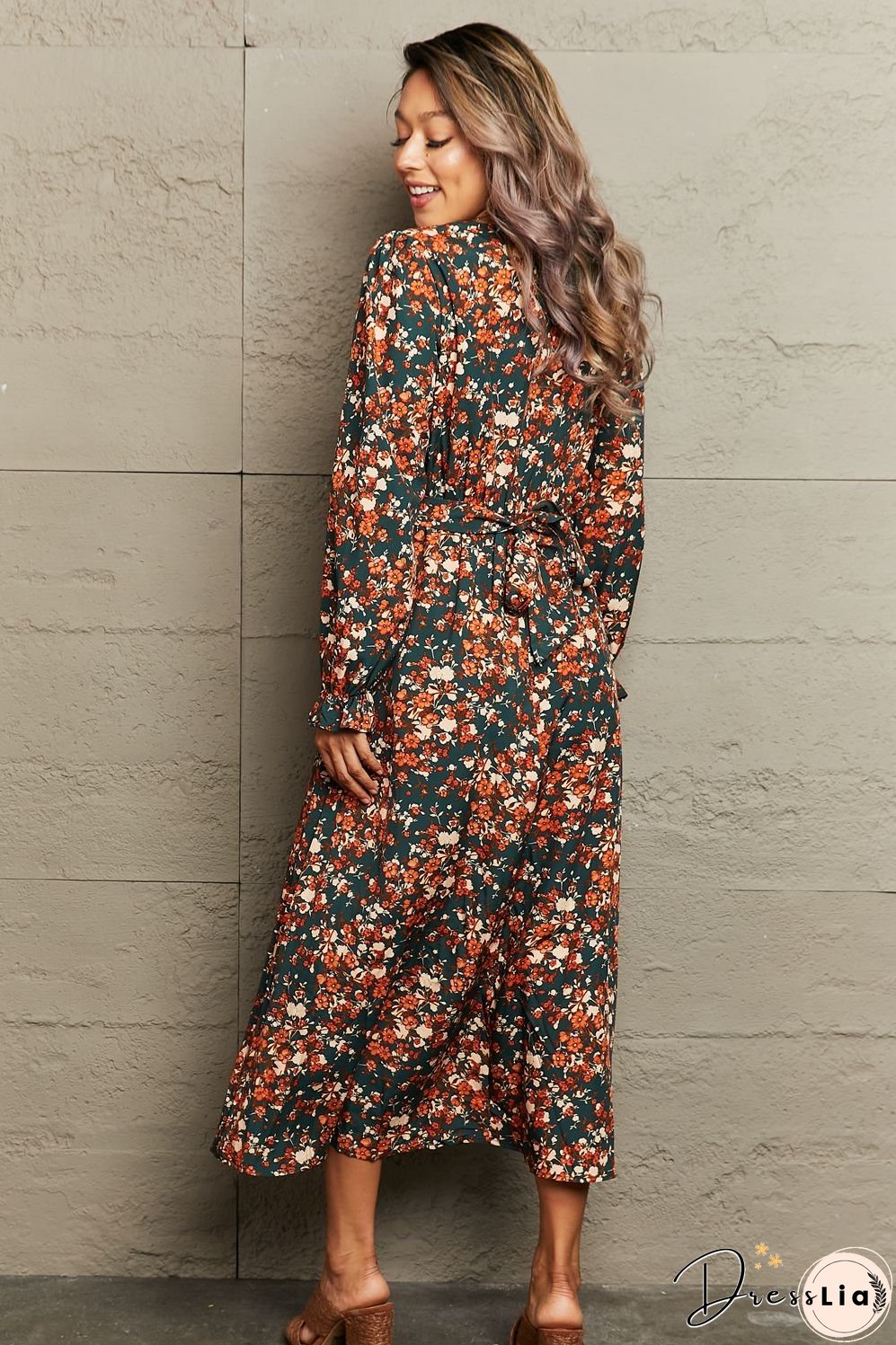Printed Surplice Neck Long Sleeve Dress