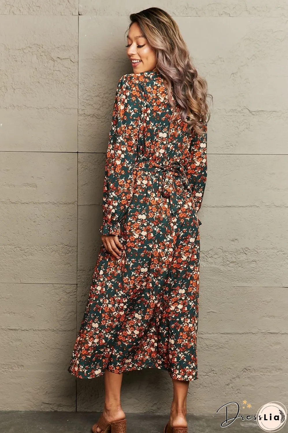 Printed Surplice Neck Long Sleeve Dress