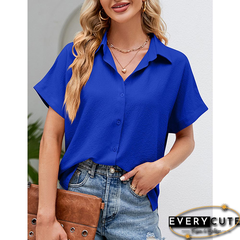 Blue Button Lapel V Neck Short Sleeve Shirt