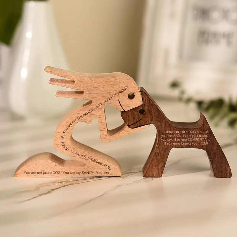 Family Puppy Wood Dog Craft Figurine Desktop Table Ornament Carving Model Creative Home Office Decoration Love Pet Sculpture