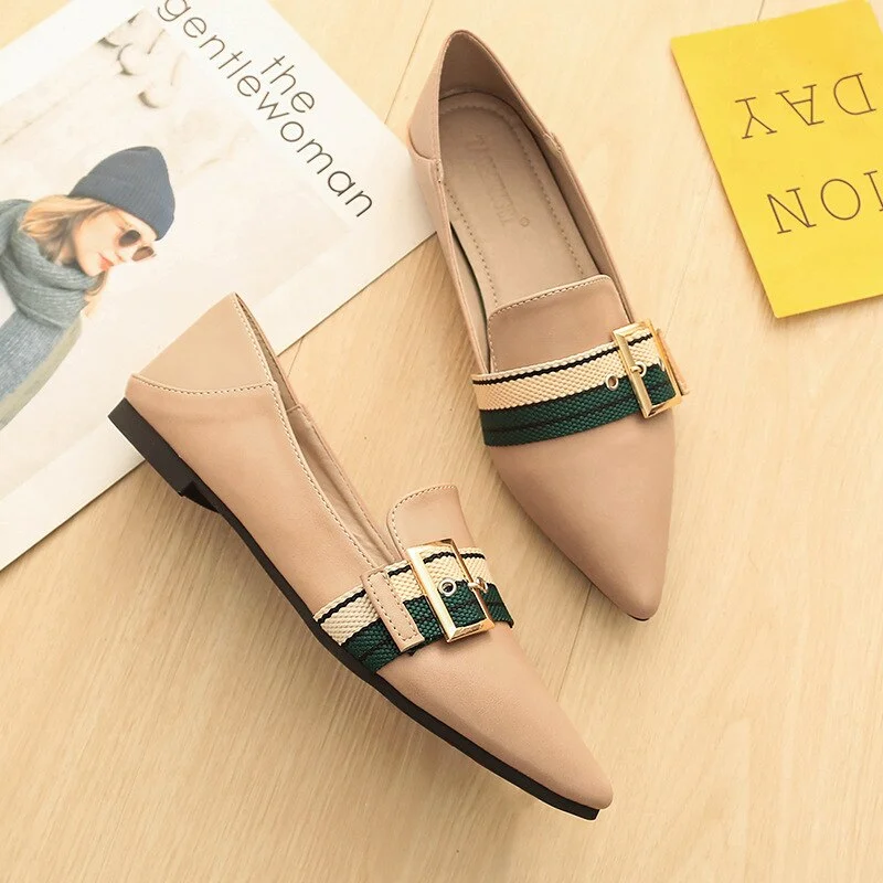 Pointed Toe Flats Womens Metal Buckle Single Shoes Cloth Belt Ballerina Loafers Slip On Lady Office Shoes Dress Leather Creepers