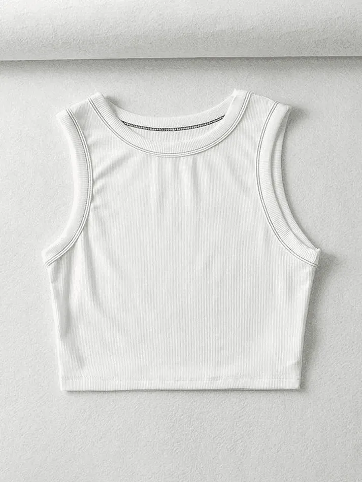 Brownm Stitched Detail Ribbed Crop Tank Top