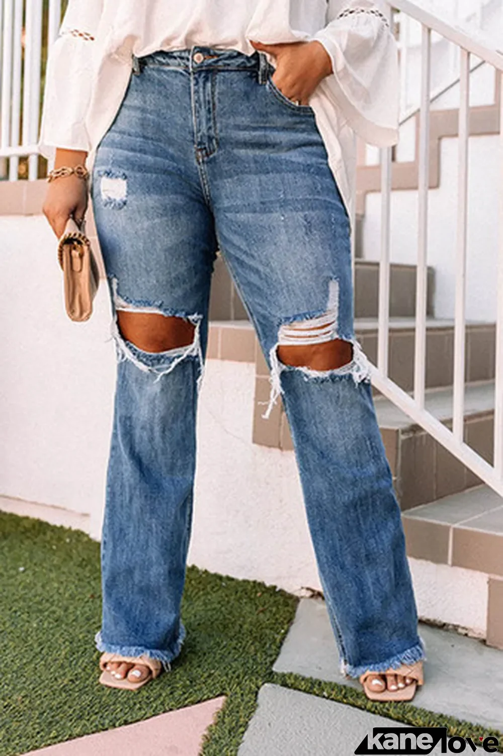 Blue Plus Size Open Knee Distressed Jeans