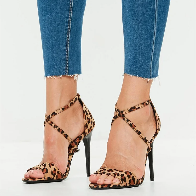 Leopard Print Heels Cross Strap Open Toe Vegan Suede Stiletto Heel Sandals |FSJ Shoes