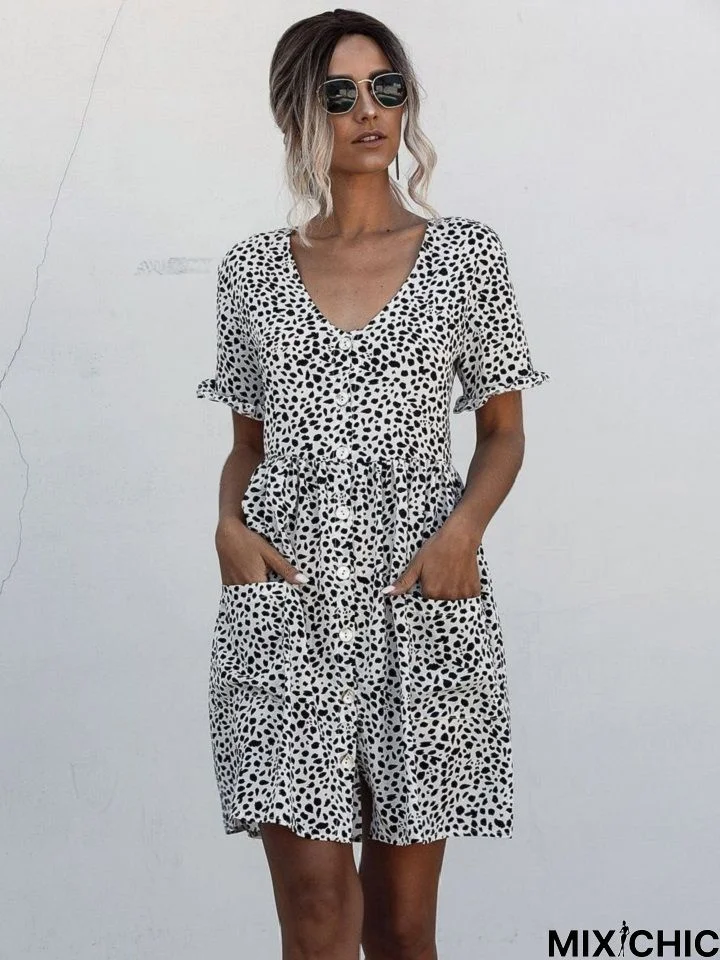 Short Sleeve Polka Dot Printed Buttoned Pocket Dress