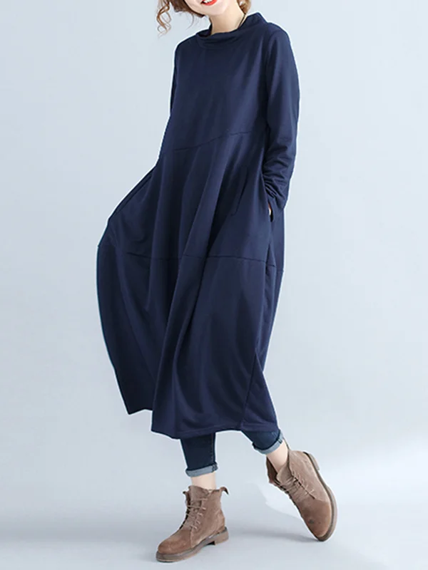 Casual Loose Plus Size Solid Color Hooded Midi Dresses