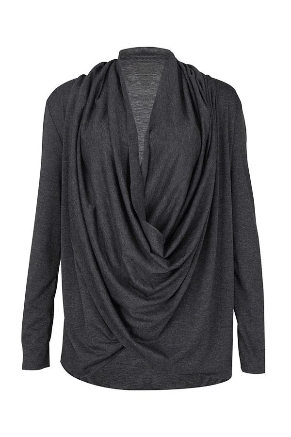 Cowl Neck Asymmetric Hem Pleated Bodice T-Shirts