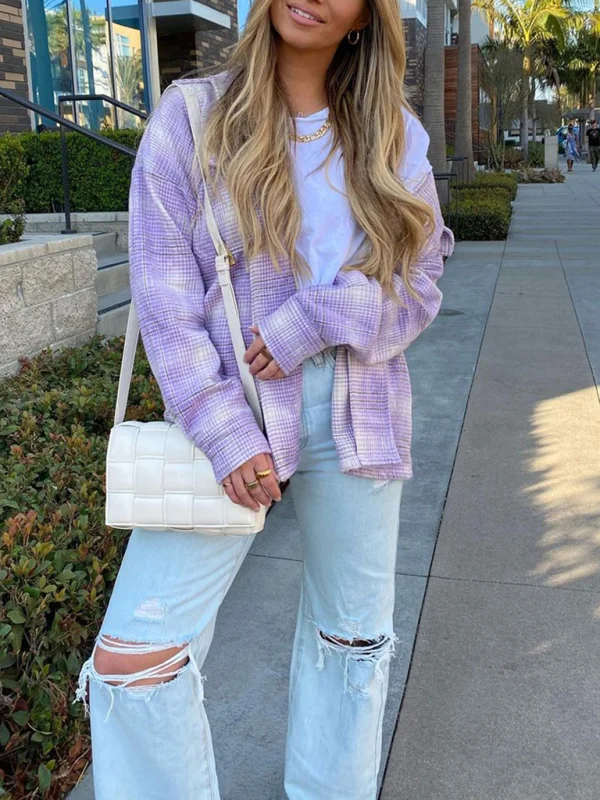 Women's Check Print Long Sleeve Casual Jacket Flusfy