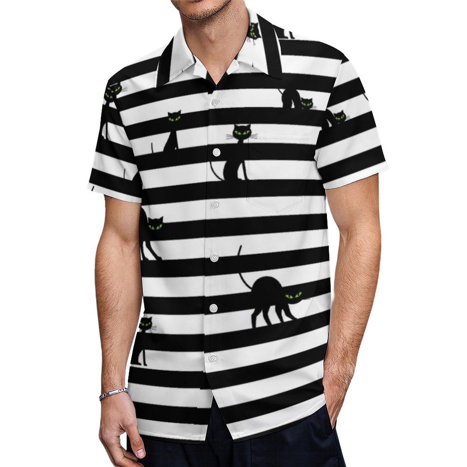 Halloween Black Cat Stripes Hawaiian Shirt Mens Button Down Plus Size Tropical Hawaii Beach Shirts