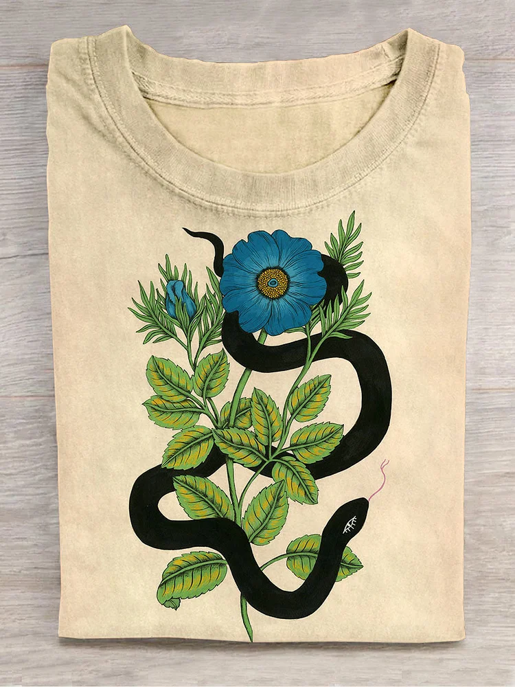 Unisex Floral And Snake Painting Art Print Crew Neck Short Sleeve T-Shirt