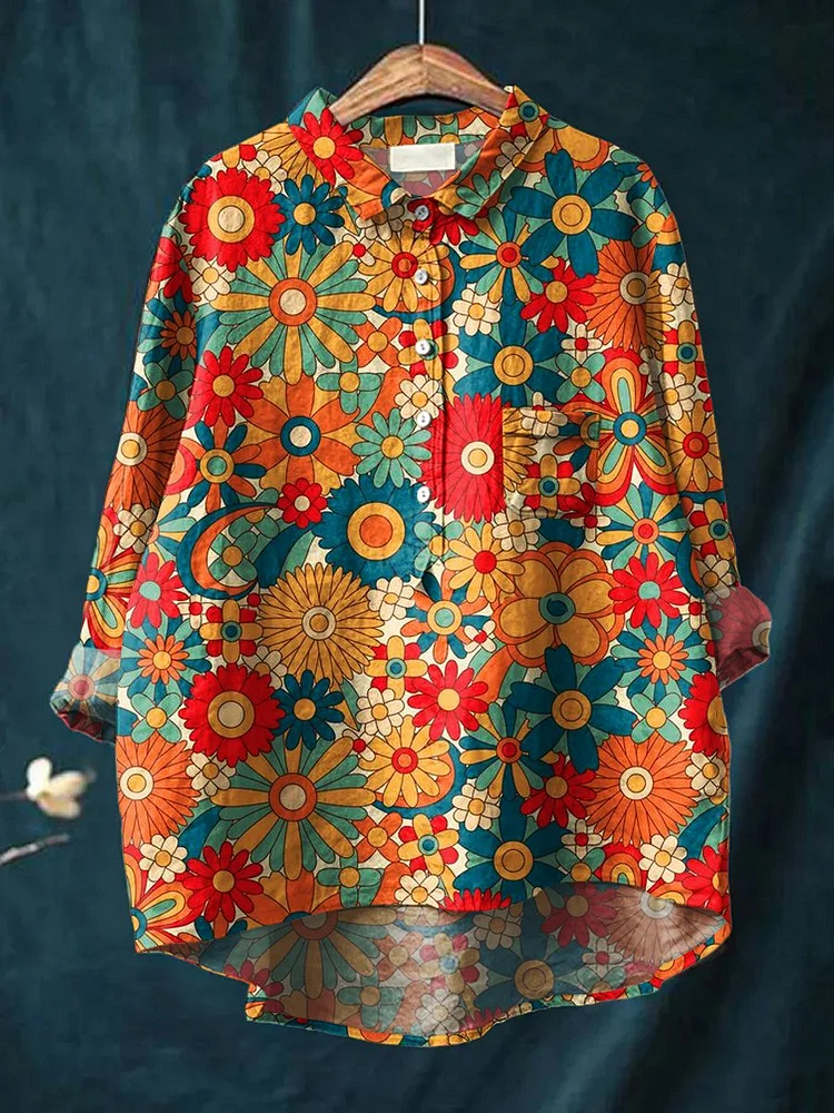 Women's  Hippie Floral Art Print Casual Cotton And Linen Shirt