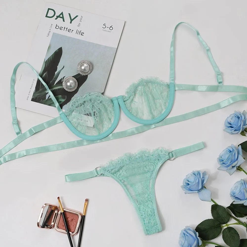 Ellolace Sexy Women's Underwear Lingerie Transparent Bra Low Cup Lace Underwear Set Lenceria Sexy Lingerie Set Bra And Panty Set 514
