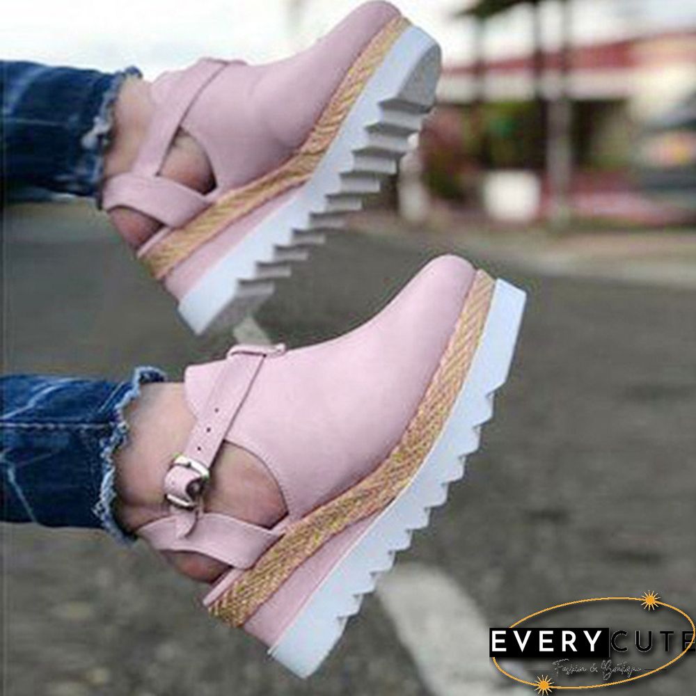 Summer Womens Sweet High Heel Wedge Platform Sandals Metal Button Shoes