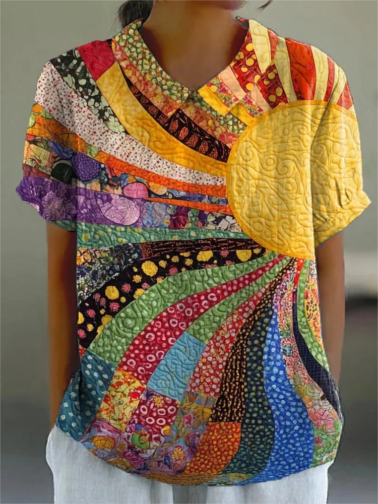 Women's Abstract Sun Floral Patchwork Pattern Art Print Casual Cotton And Linen Shirt