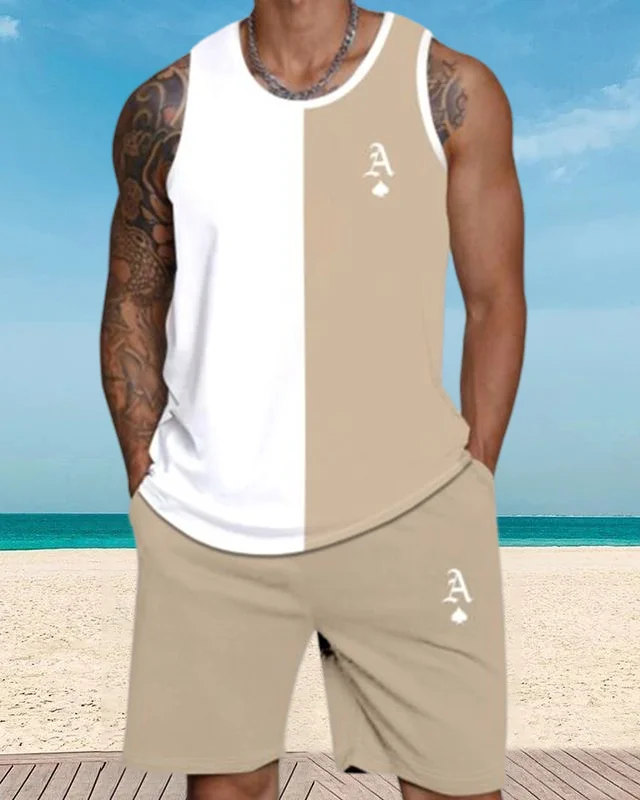 Men's casual vacation color block printed vest Set 048
