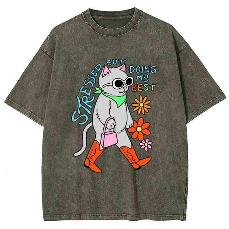 Stressed But Doing My Best Cat Unisex Printed Retro Washed Short Sleeved T-Shirt