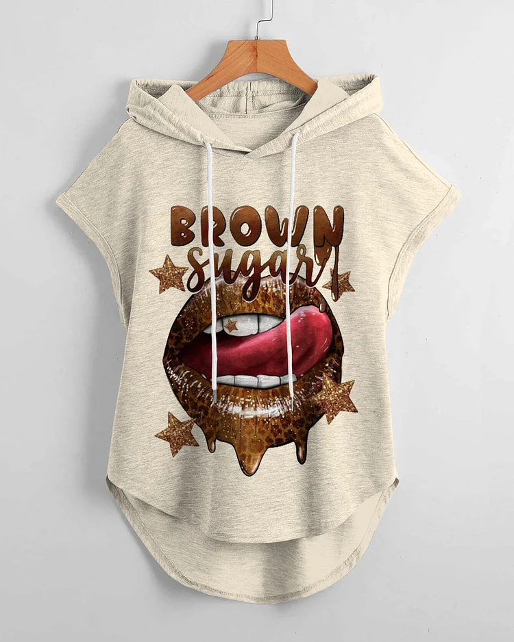 Fashion Melanin Brown Sugar Lips Print Drawstring Hooded Tee