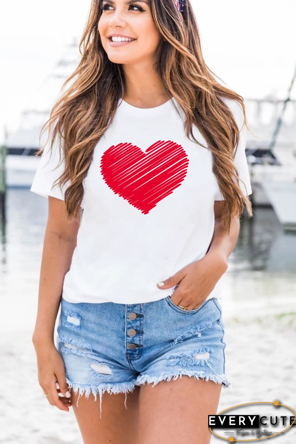 White Valentine Heart-shaped Print Short Sleeve Top