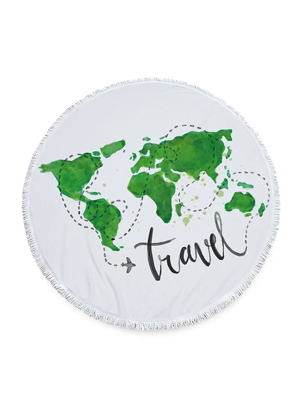 Map Earth Microfiber Printing Round Shape Tasseled Beanch Mat