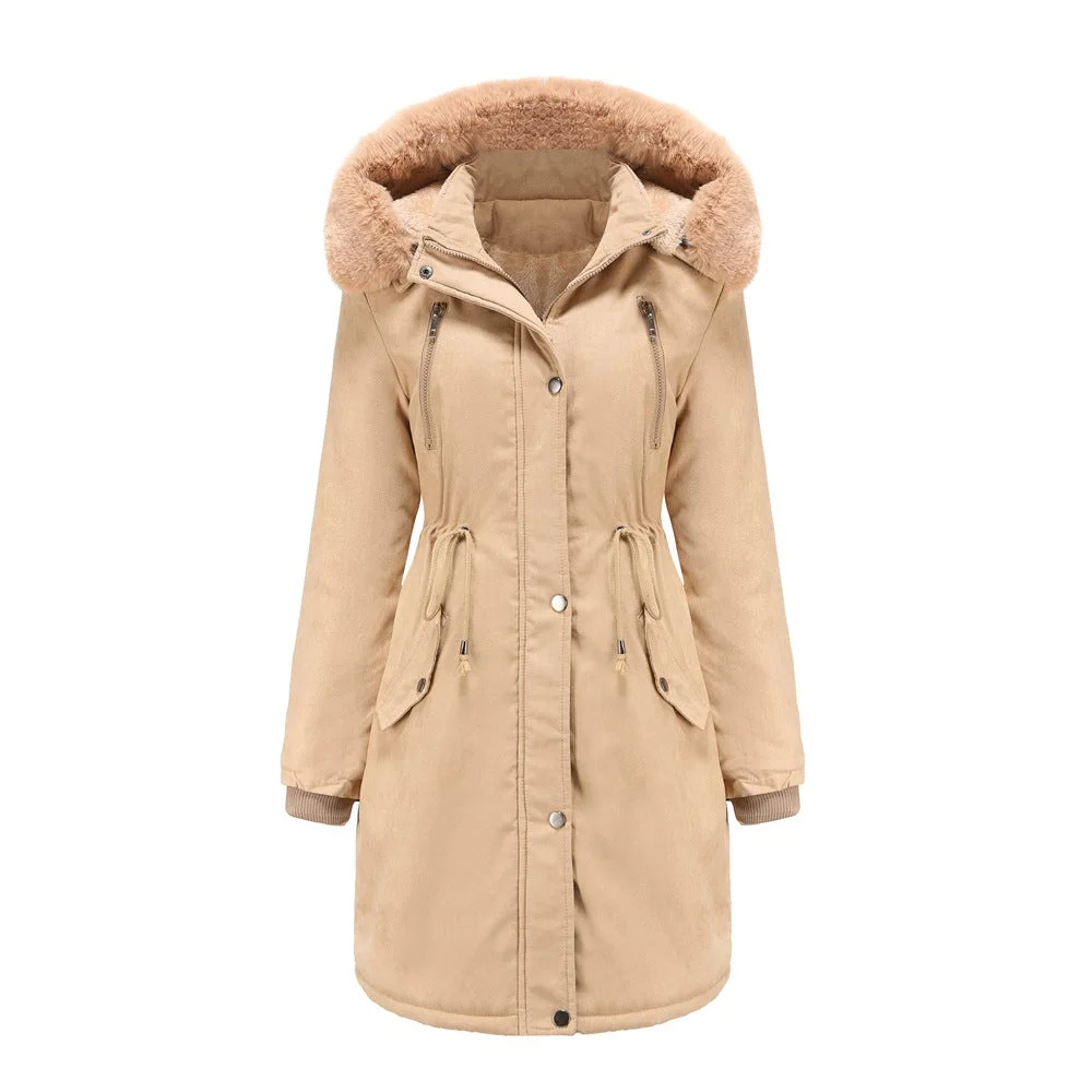 Women's Suede Padded Detachable Hat Large Fur Collar Jacket