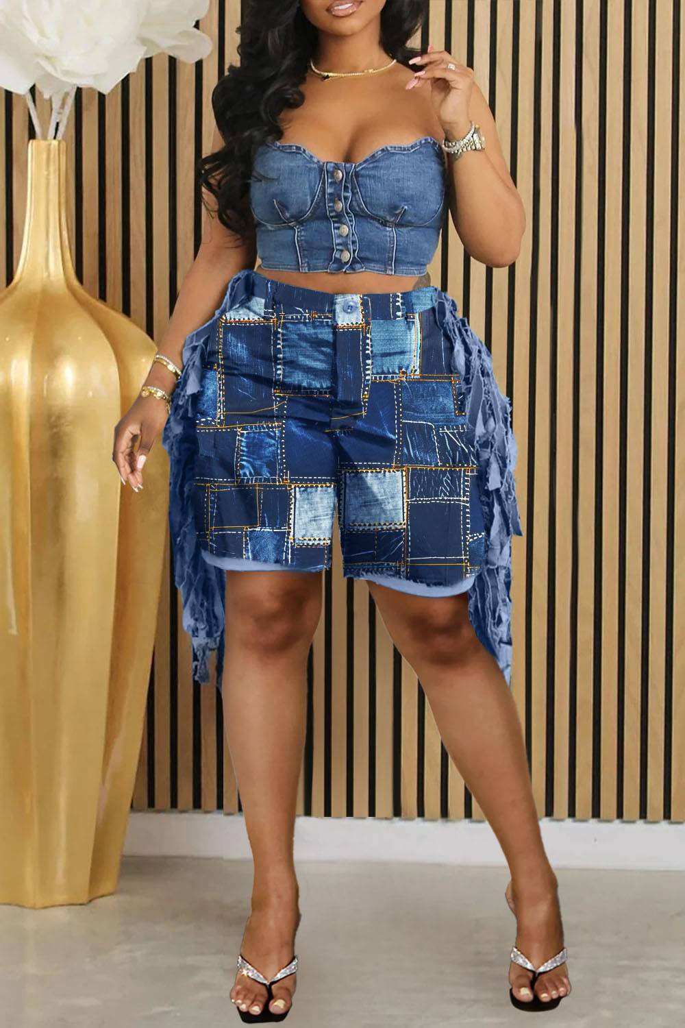 Plus Size Daily Blue Denim Print Strappy Shorts [Pre-Order]