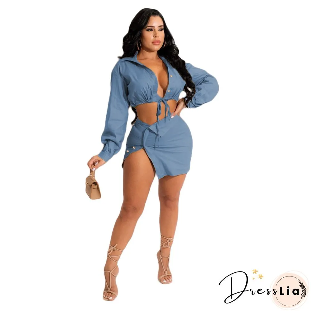 Lace Up Long Sleeve Shirt Crop Top Mini Skirt Set