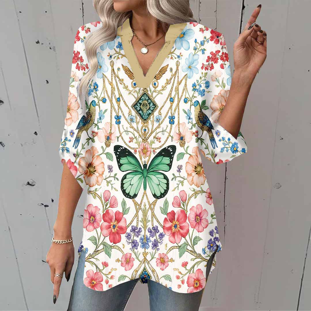 Women Floral,Butterfly,Blue,Red DZGA0258 3/4 Sleeve V-neck Printed Graphic Button Tops