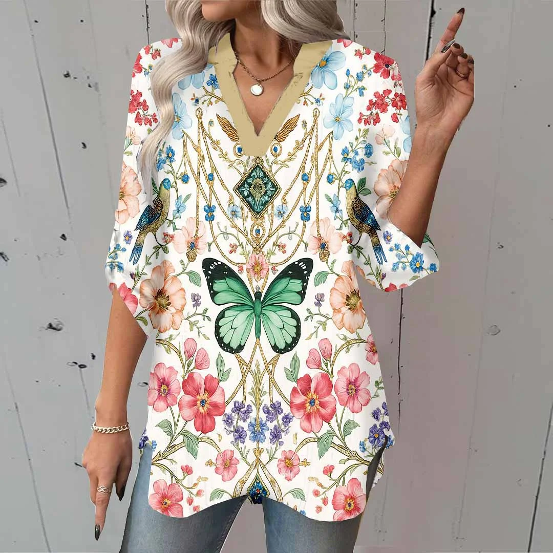 Women Floral,Butterfly,Blue,Red DZGA0258 3/4 Sleeve V-neck Printed Graphic Button Tops