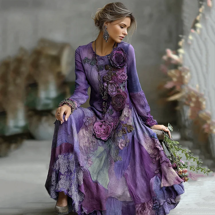 Vintage Bohemian Embroidered Floral Patchwork Linen Maxi Dress