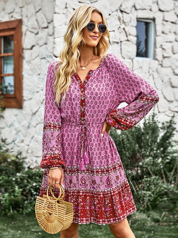 Bohemia A-Line Floral Printed V-Neck Dress