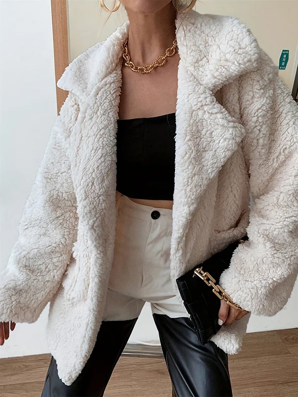 Buttoned Pockets Solid Color Velvet Long Sleeves Loose Notched Collar Outerwear