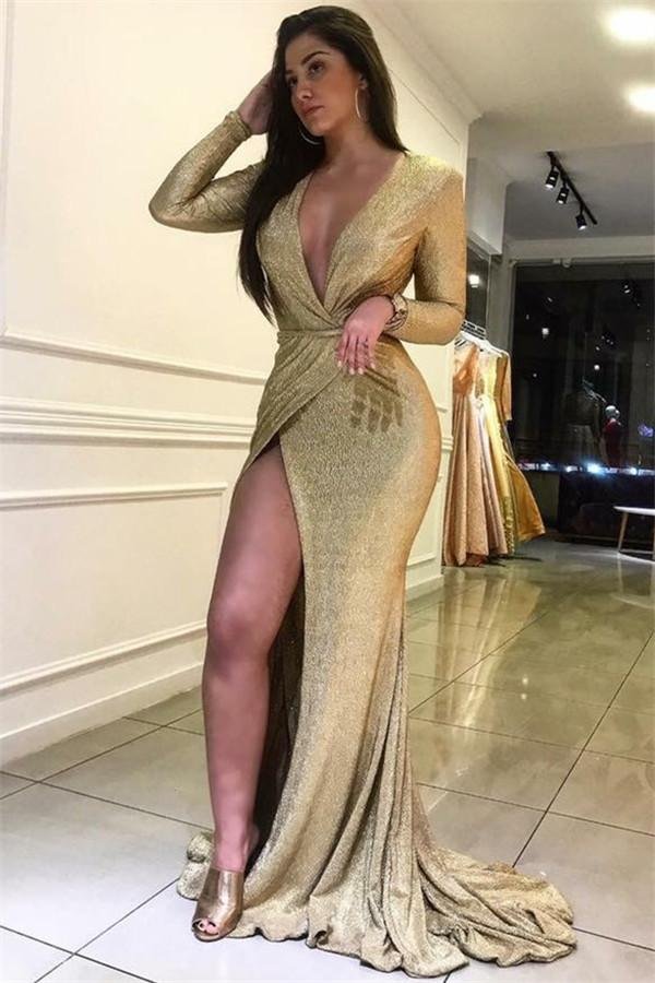 Long Sleeves Deep V-Neck Evening Party Dress With Slit - lulusllly