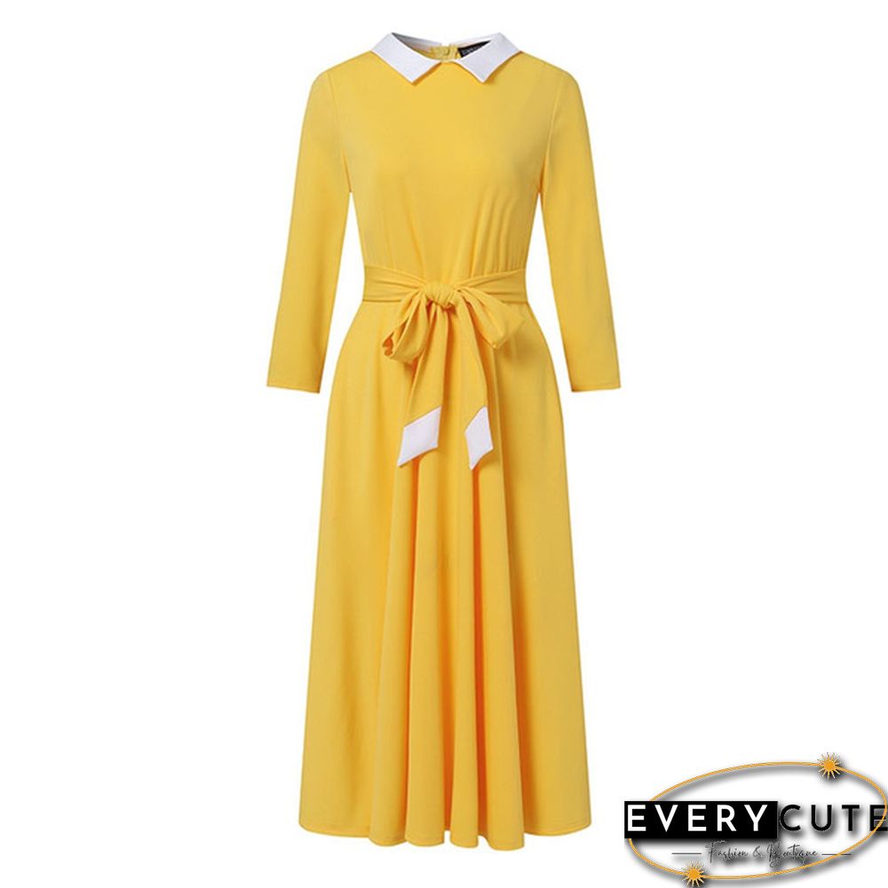 Womens Full Sleeved Autumn Belt Solid Slim Party Side Pockets Retro A-Line Pleated Long